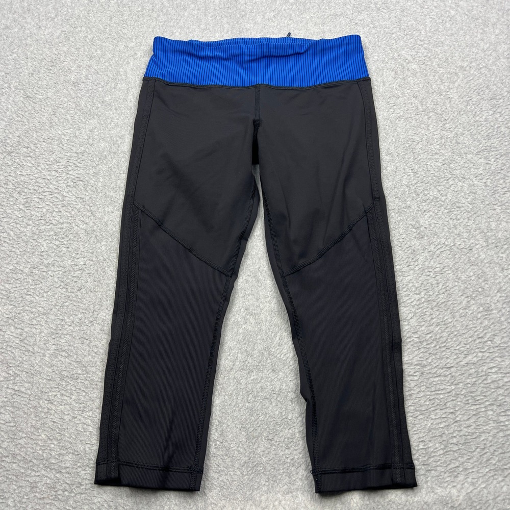 Lululemon Race With Grace Crop Leggings Womens 6 Black Blue Stripe Ruched W6A82S